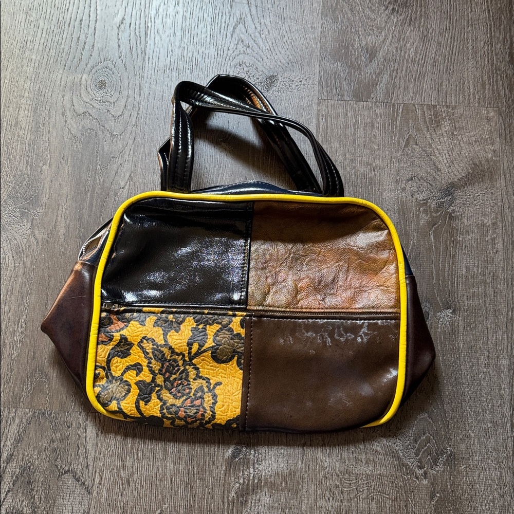 Vintage Patchwork Leather Handbag With Yellow Trim - image 1